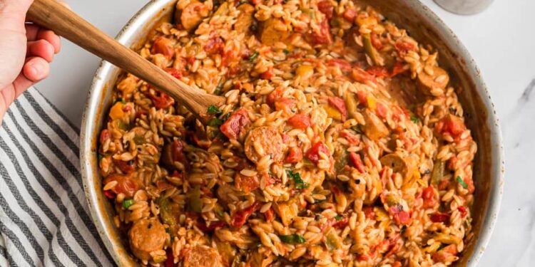 Spicy Cajun Rooster Sausage Orzo Recipe (20 Minutes)