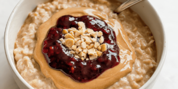 Peanut Butter and Jelly Protein Oatmeal [vegan + gluten-free] • Wholesome Helper
