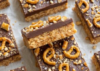 Excessive-Protein Caramel Peanut Butter Pretzel Bars • Wholesome Helper