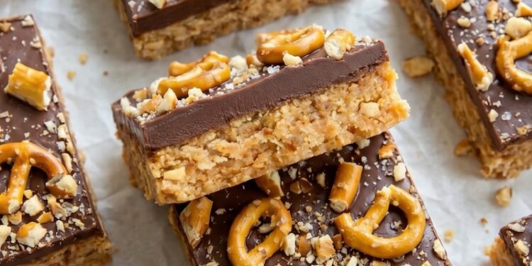 Excessive-Protein Caramel Peanut Butter Pretzel Bars • Wholesome Helper